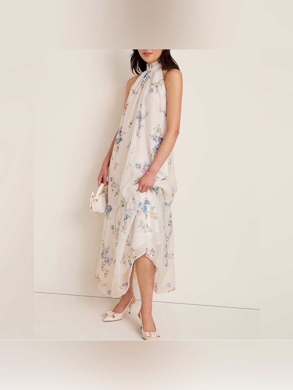Francesca’s Miami Willow Halter White Blue & Pink Floral Maxi Dress NWT